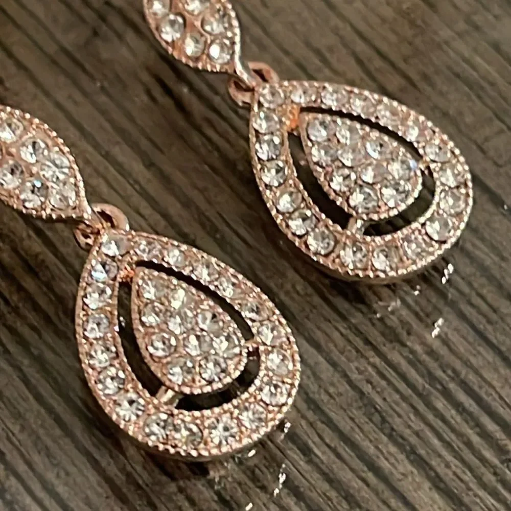 Vintage Style Rose Gold Colored Drop Earrings Rhinestone Dangle Earrings